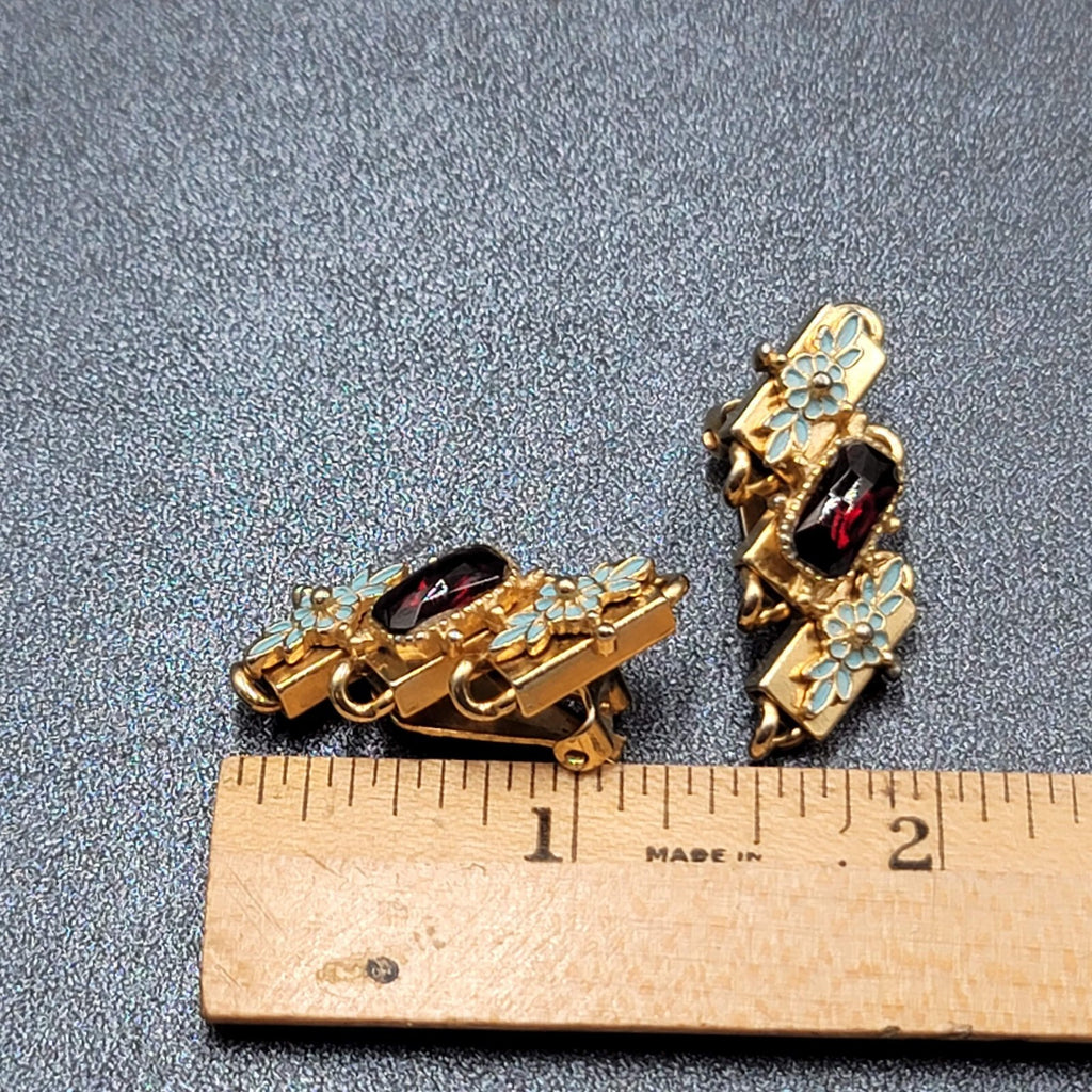 Vintage Clip on Earrings Gold tone Blue Enamel Red Rhinestone Climber 1 3/8"