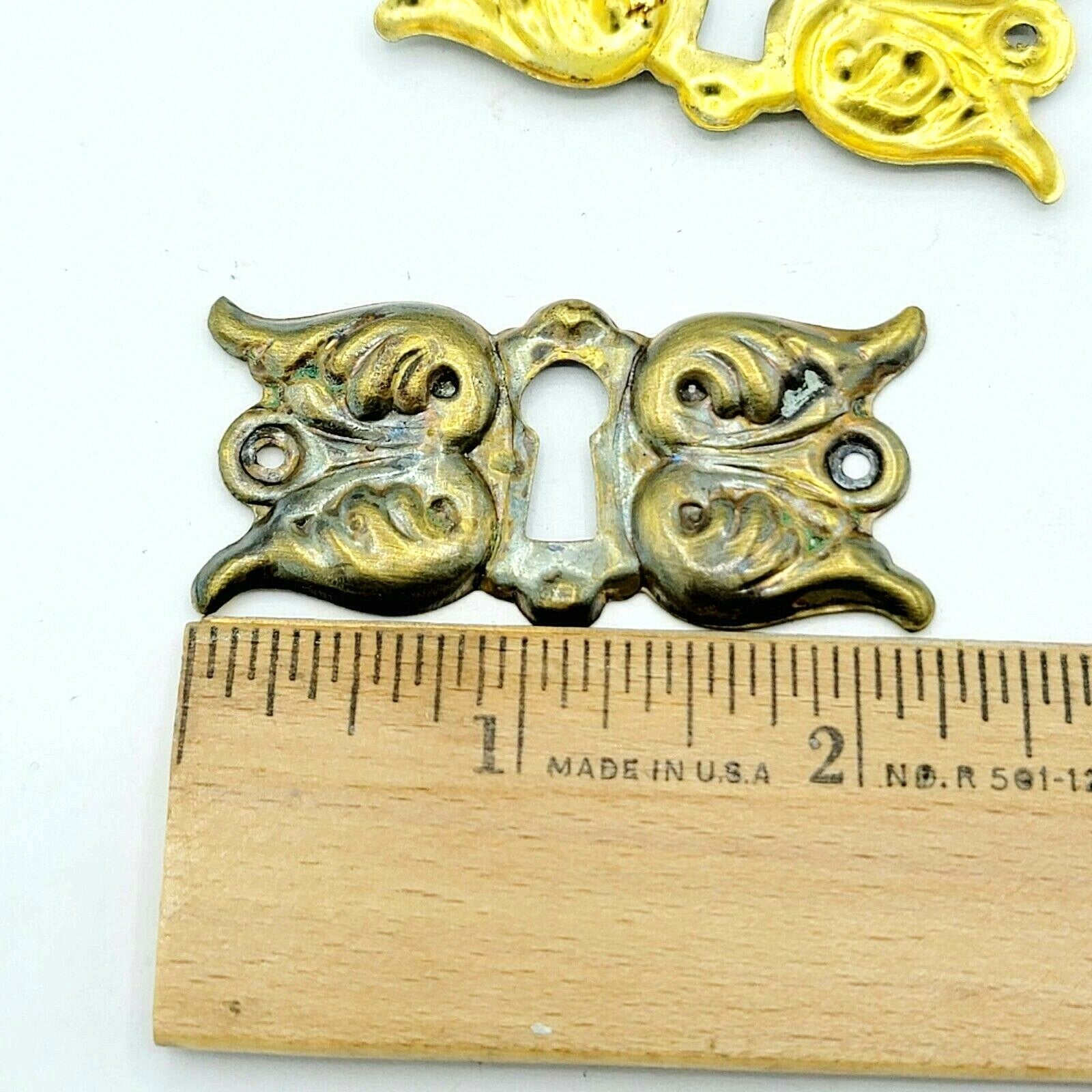 Vintage Ornate Brass Skeleton Key hole Escutcheon Lot of 2 Hardware 2 1/4" x 1"