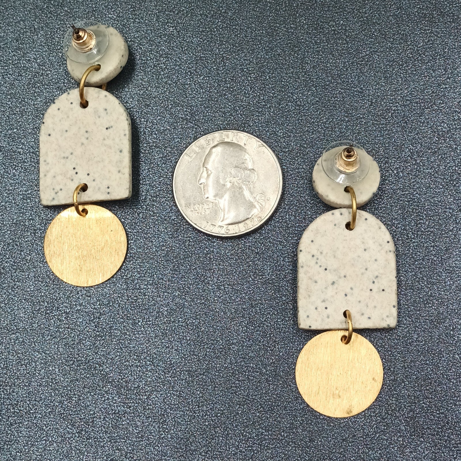 Pierced Earrings Speckled Acrylic Gold tone Geometric Statement Dangle 2 3/8"