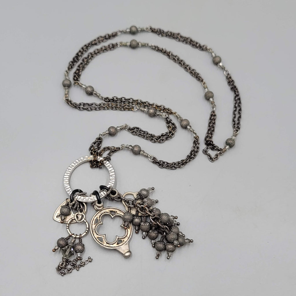 Tassel Charm Pendant Necklace Gunmetal Gray Black Metal Long 38"