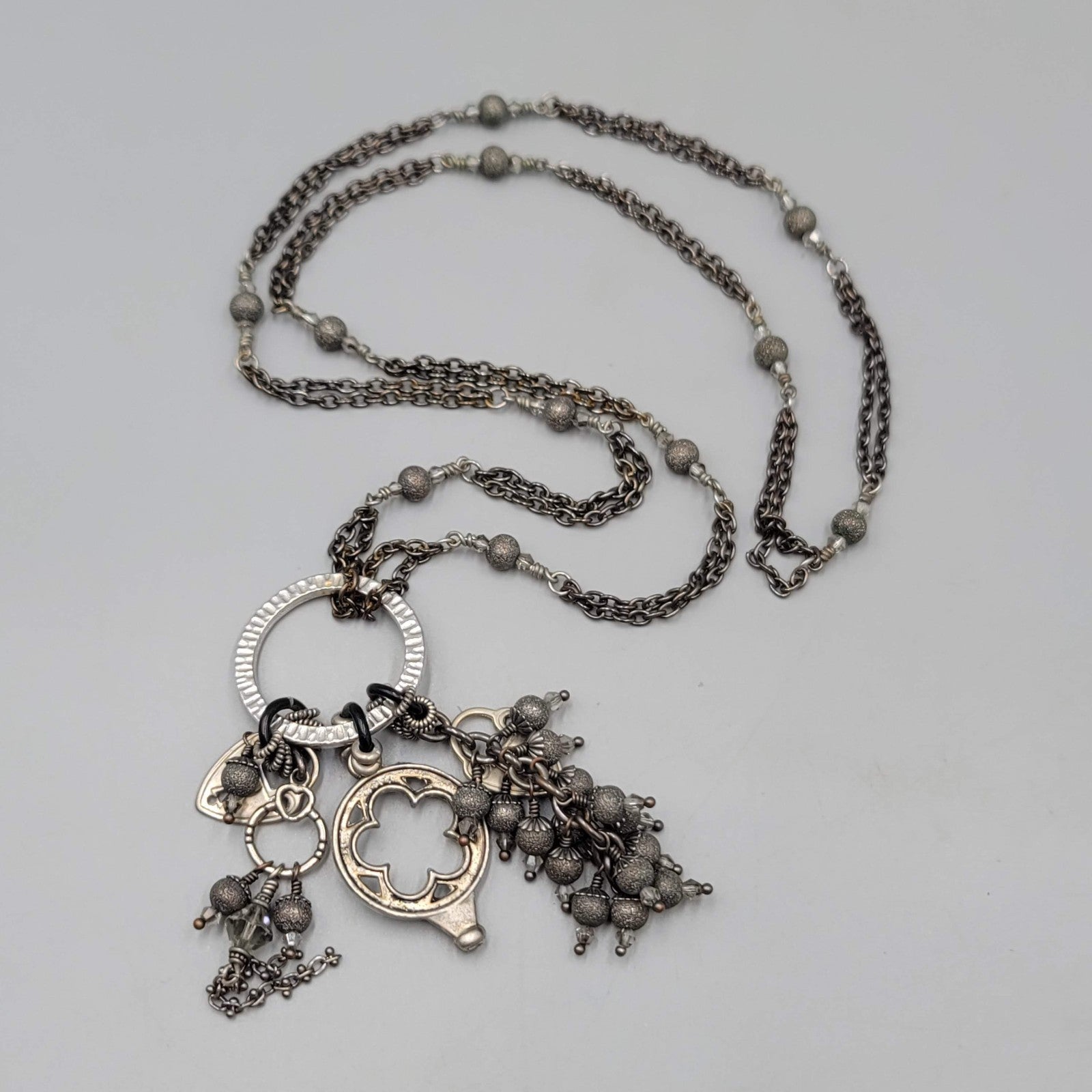 Tassel Charm Pendant Necklace Gunmetal Gray Black Metal Long 38"