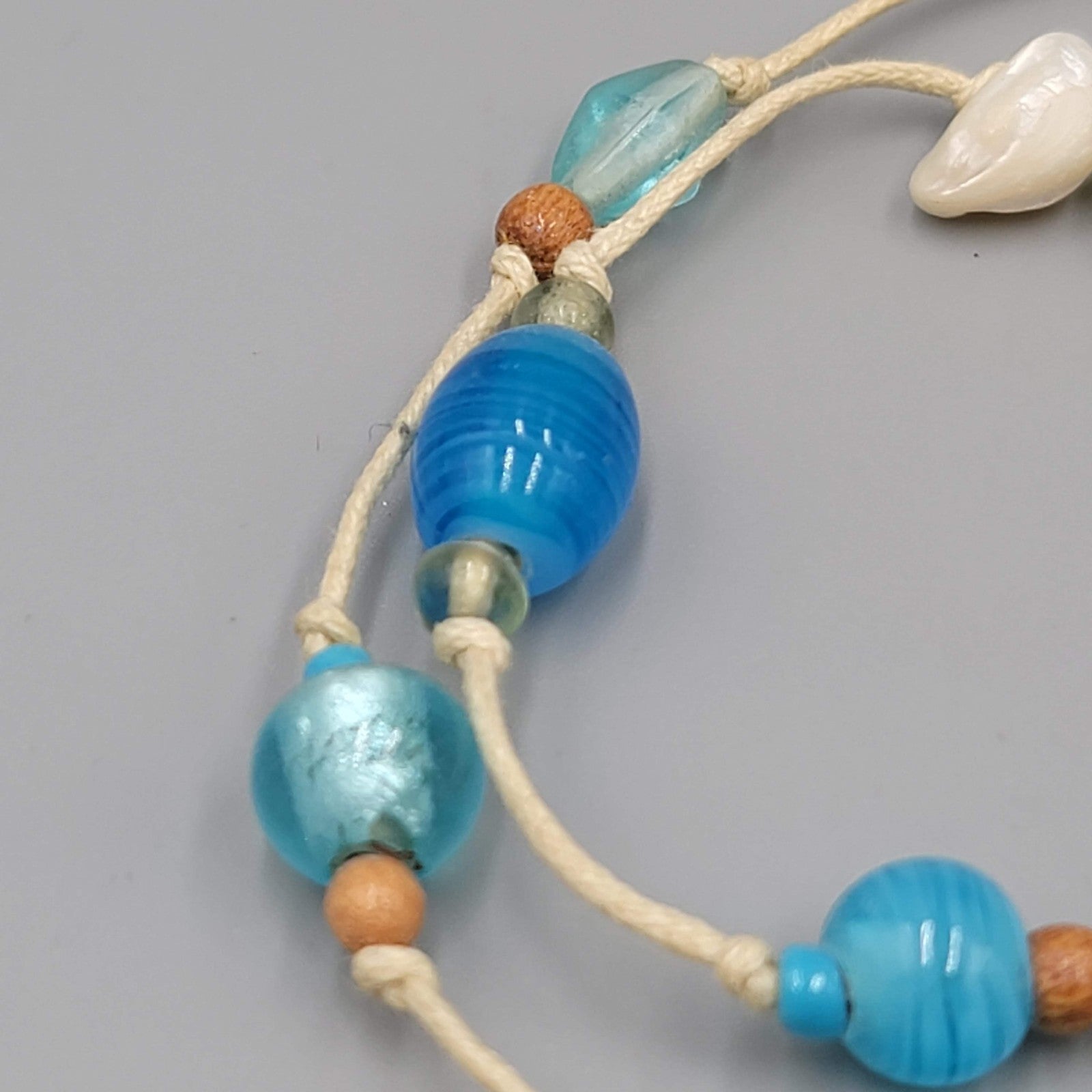 Vintage Blue Glass Bead Necklace Beach Theme Nautical Seashell Accents Long 44"