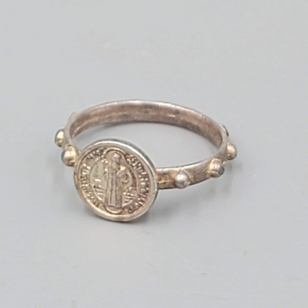 Saint Benedict Silver Tone One Decade Rosary Ring Size 9.25