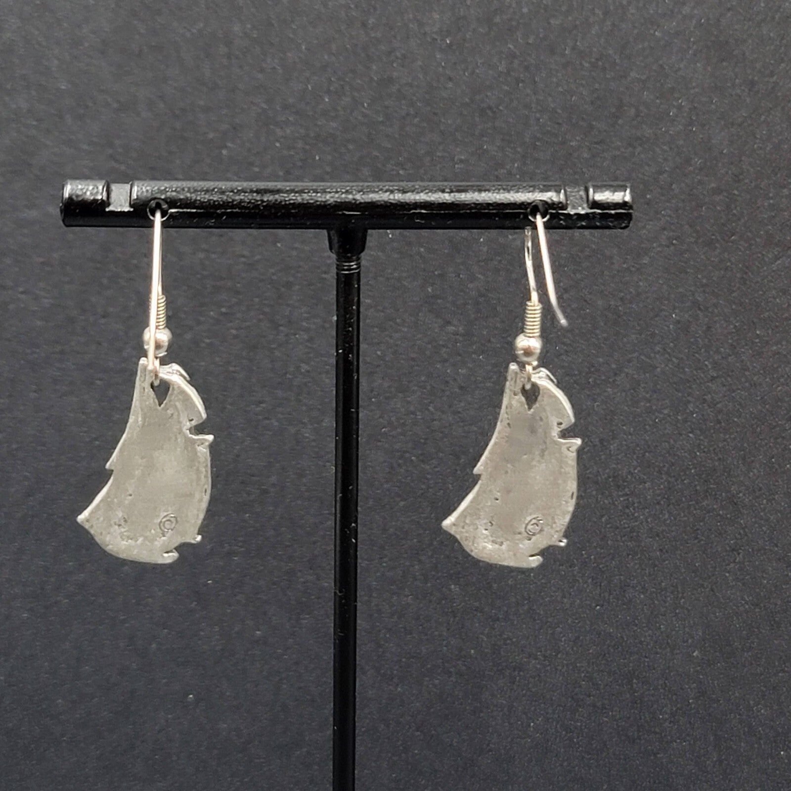 Vintage Ship Pierced Earrings Pewter Silver tone Dangle Nautical 7/8"