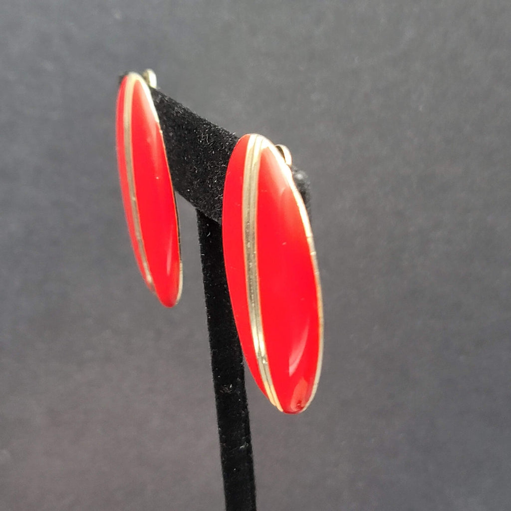 Vintage Clip on Earrings Red Enamel Gold tone Oval Drop Lightweight 1.5"