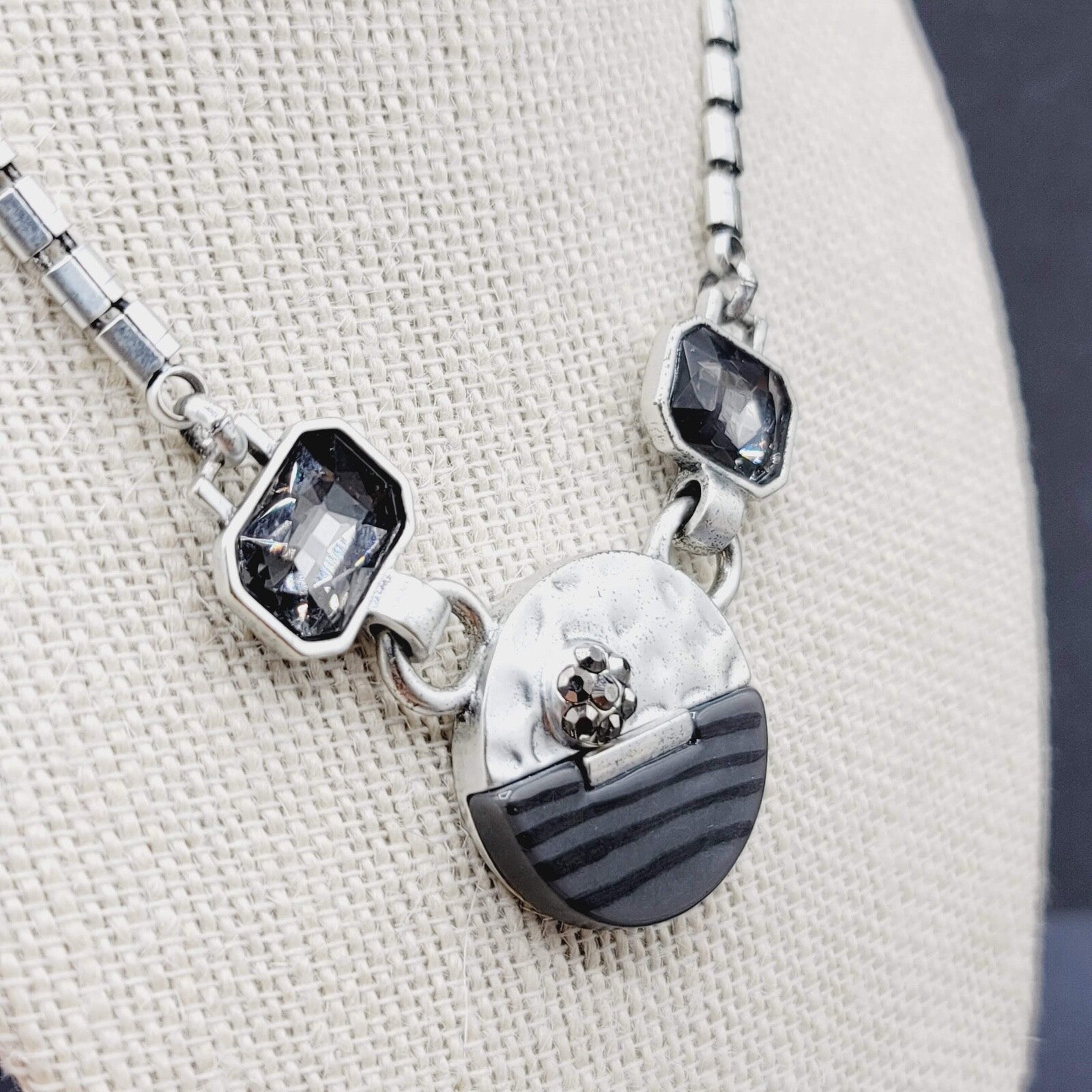 Silver tone Necklace Signed Unknown Brand Gray Black Glass Accents 17" - 19.5"