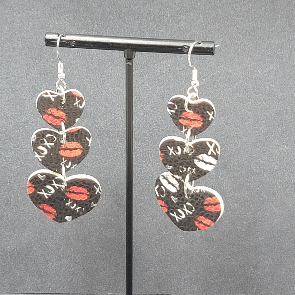 Pierced Earrings Black Faux Leather Kisses Hearts Silver tone Dangle 2.25"