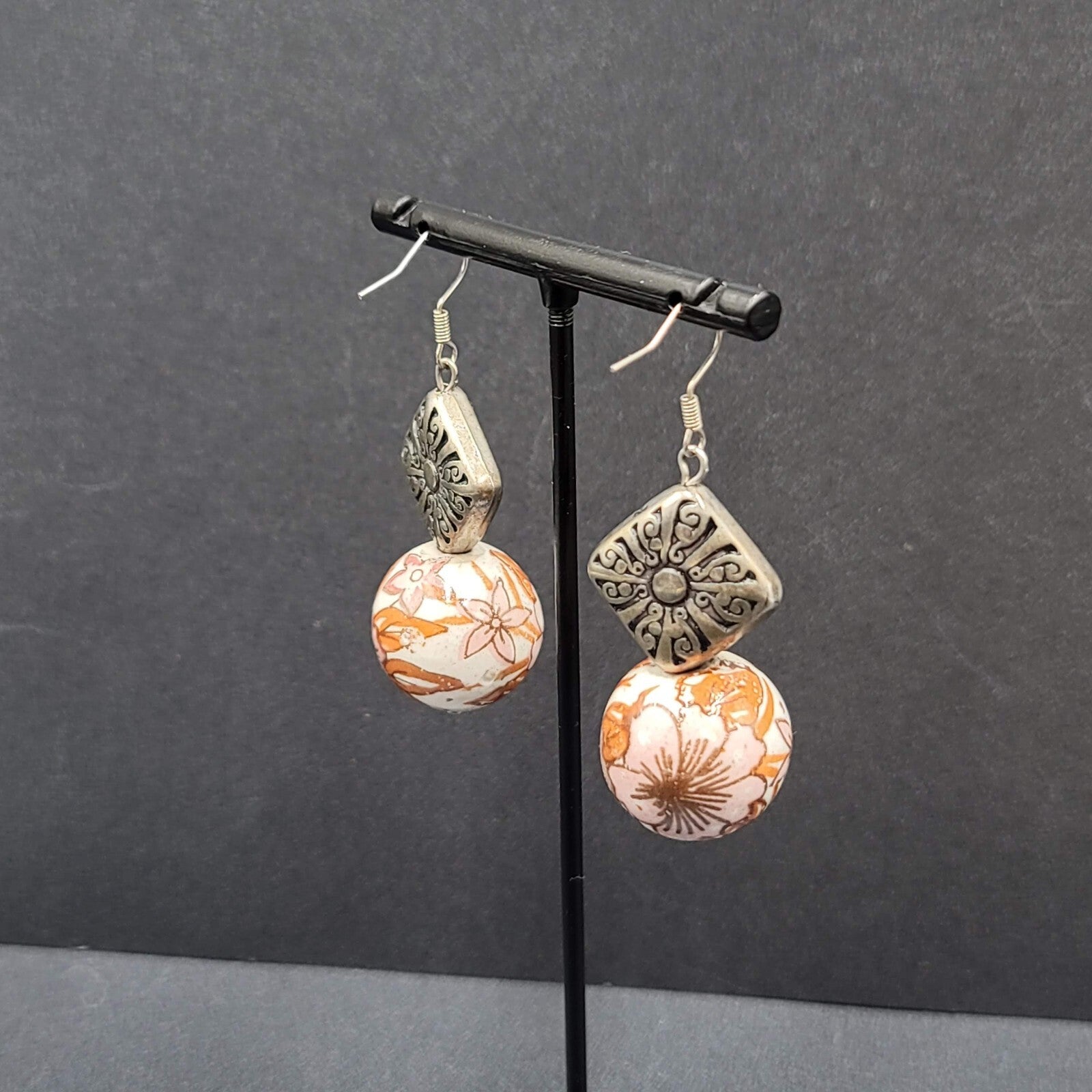 Pierced Earrings Silver tone Hand Painted Floral Pottery Bead  1.5"