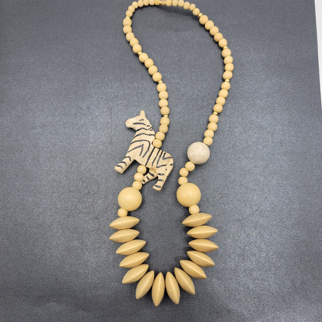 Vintage Safari African Zebra Carved Wood Beaded Necklace 24"