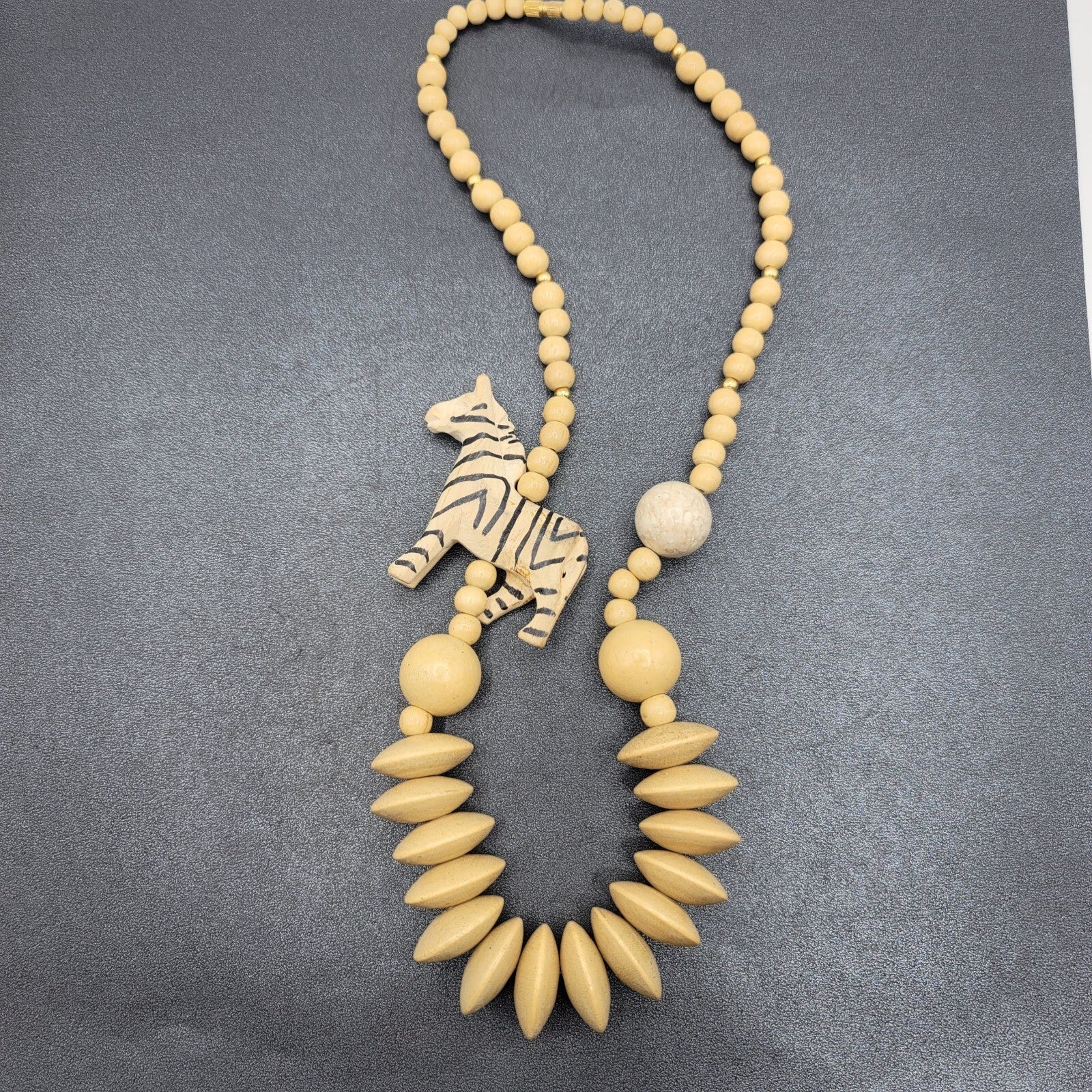 Vintage Safari African Zebra Carved Wood Beaded Necklace 24"