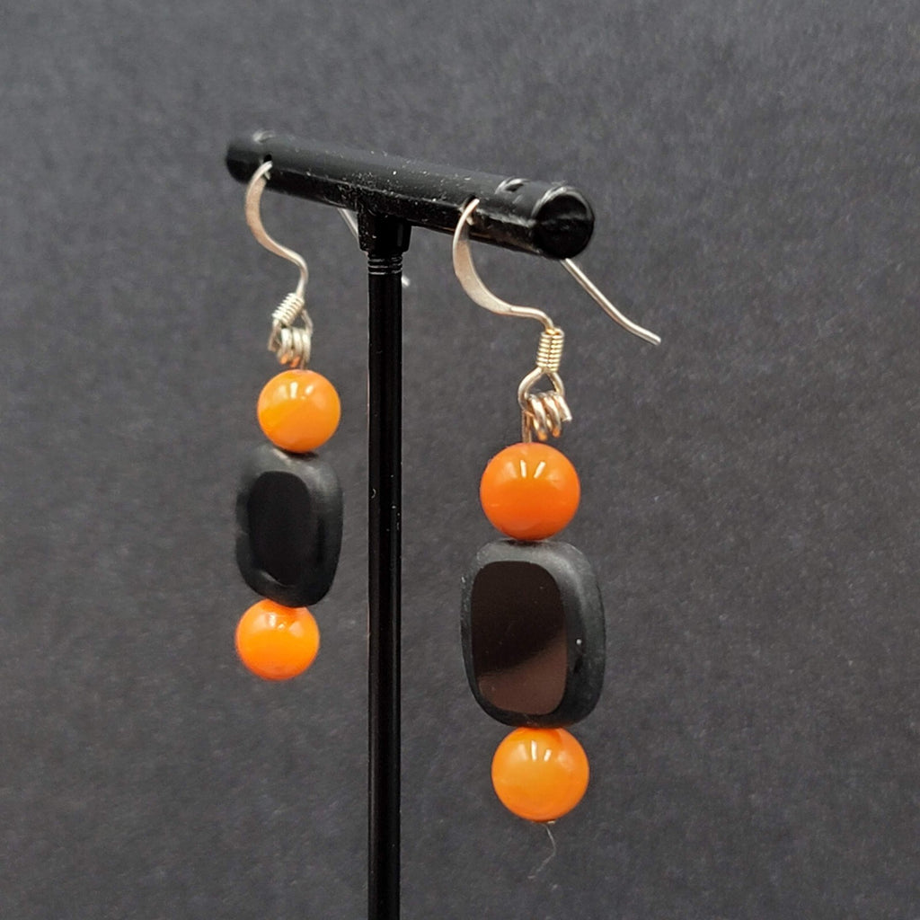 Halloween Pierced Earrings Black Orange Glass Bead Dangle 1.25"