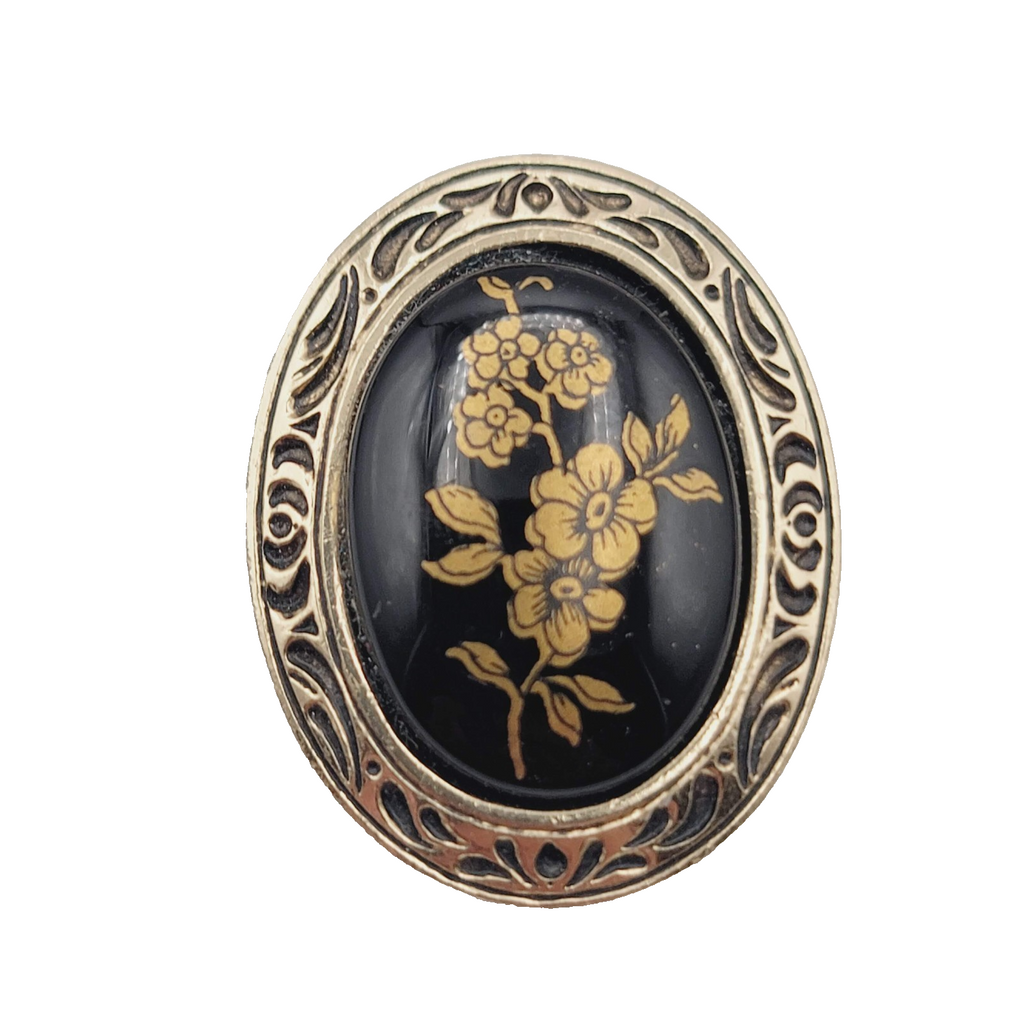 Vintage Scarf Clip Gold tone Flower Black Cabochon Estate Jewelry 1 3/8"