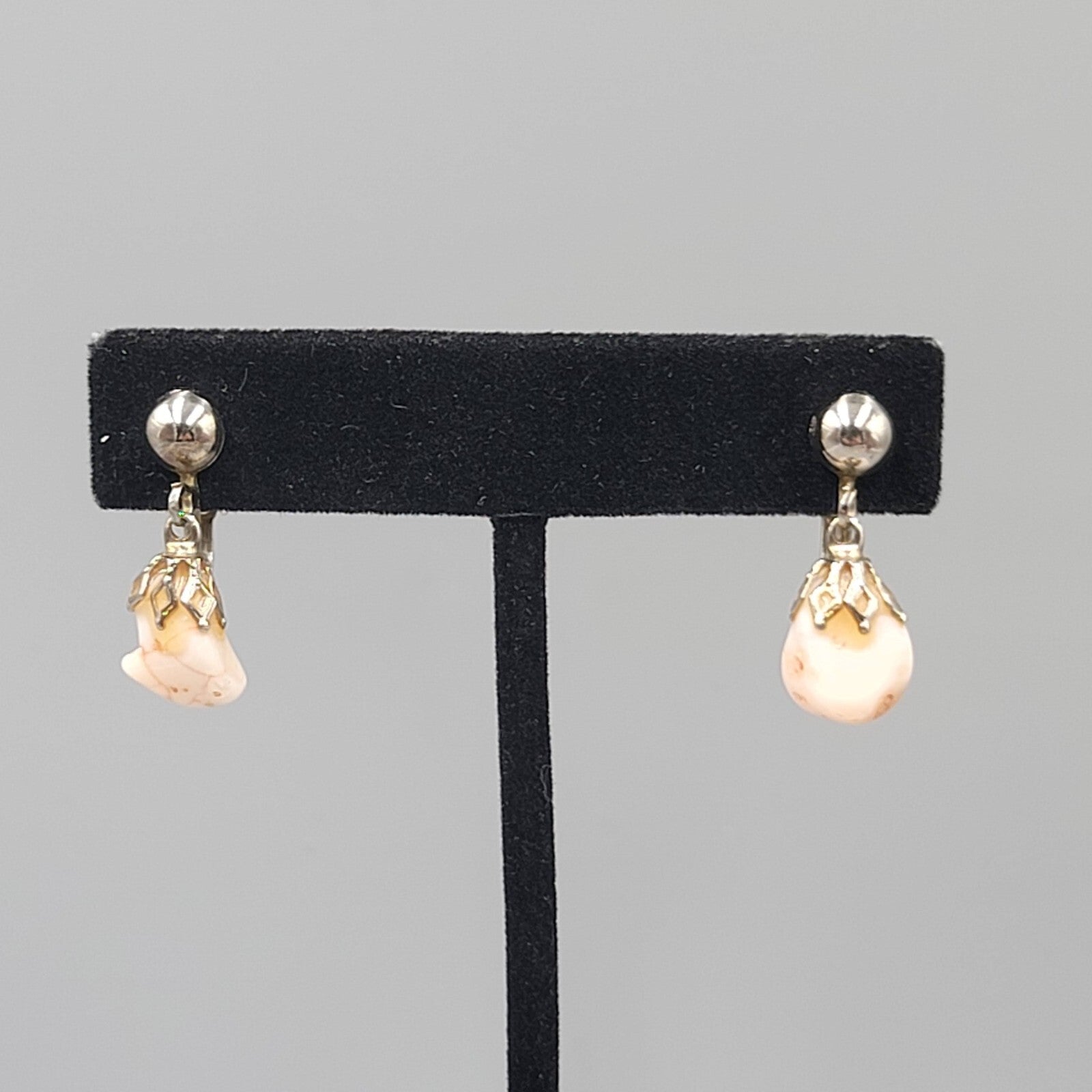 Vintage White Stone Nugget Dangle Clip on Earrings Silver tone 3/4"