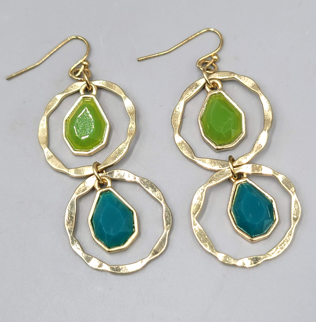 Double Ring Green Blue Pierced Earrings Gold tone Dangle 2 in