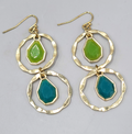 Double Ring Green Blue Pierced Earrings Gold tone Dangle 2 in