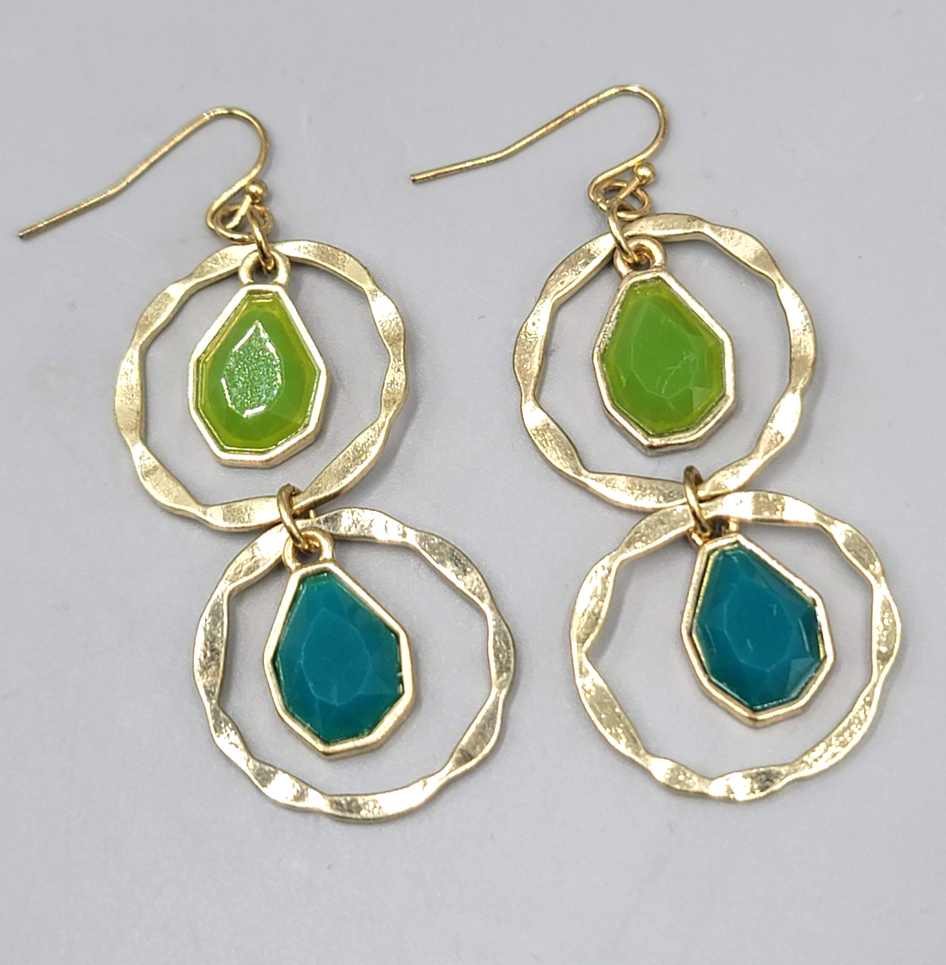 Double Ring Green Blue Pierced Earrings Gold tone Dangle 2 in