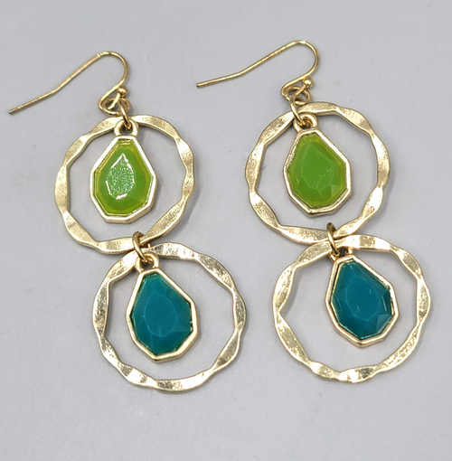 Double Ring Green Blue Pierced Earrings Gold tone Dangle 2 in
