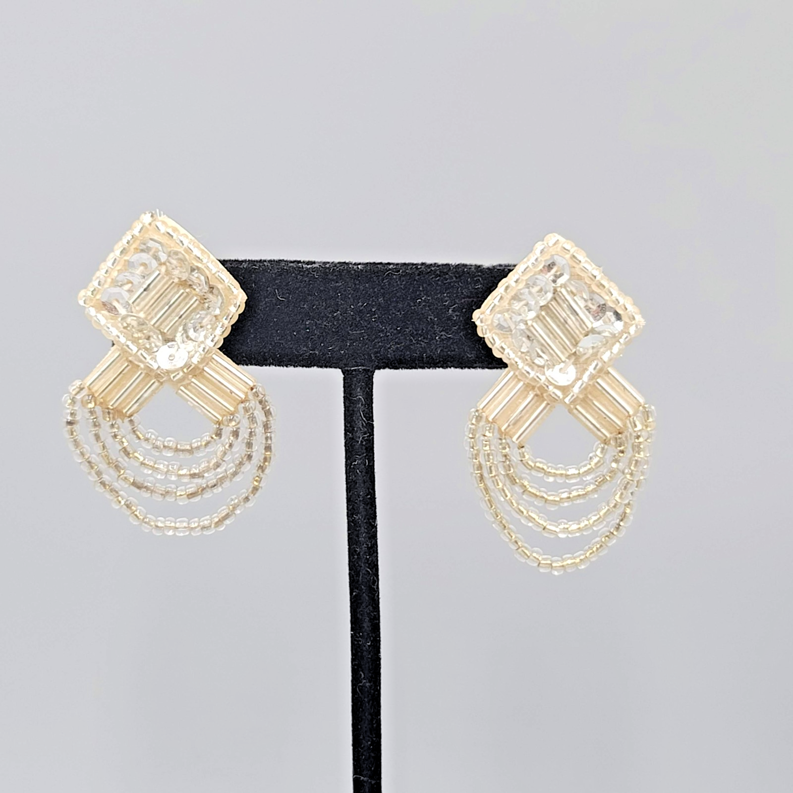 Vintage White Leather Pierced Earrings Silver tone Seed Beads Statement 1.5 in