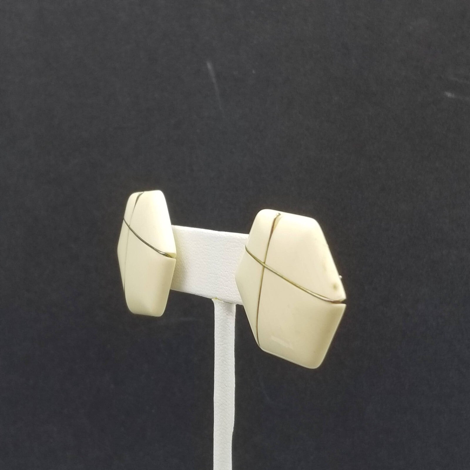 Vintage 1980's Pierced Earrings Cream Acrylic with Gold Line Hexagon Stud 1 1/4"