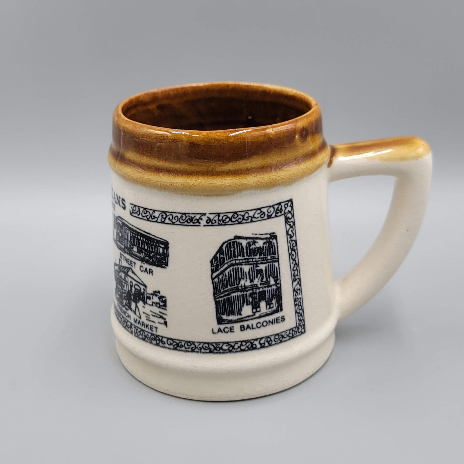 Vintage New Orleans CoffeeMug Brown Glaze Souvenir Landmarks Bourbon Street Jazz