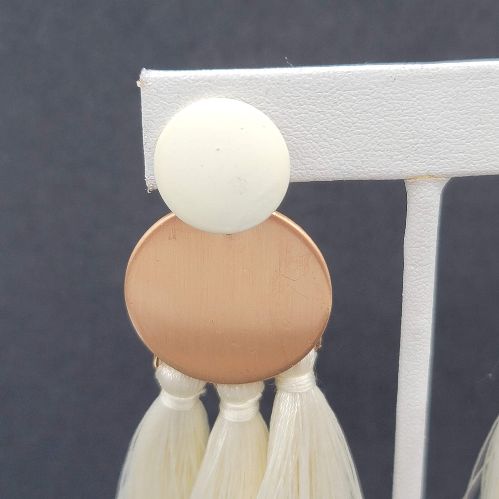 Pierced Earrings Brushed Gold tone White Tassel String Dangle 2.5"