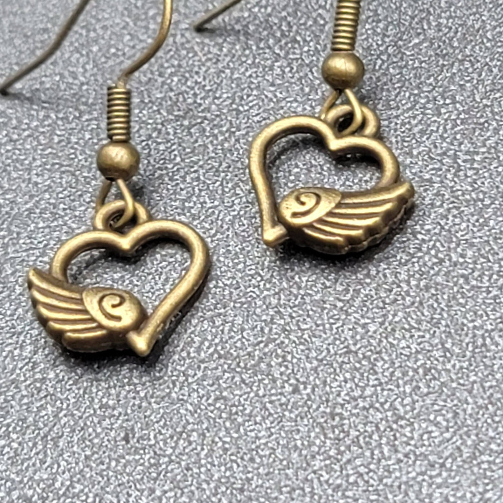 Pierced Earrings Bronze tone Open Winged Heart Dainty Dangle 1/2"
