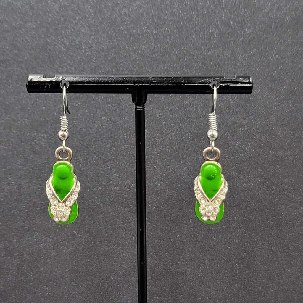 Pierced Earrings Green Enamel Flip Flop Rhinestone Dangle 1"
