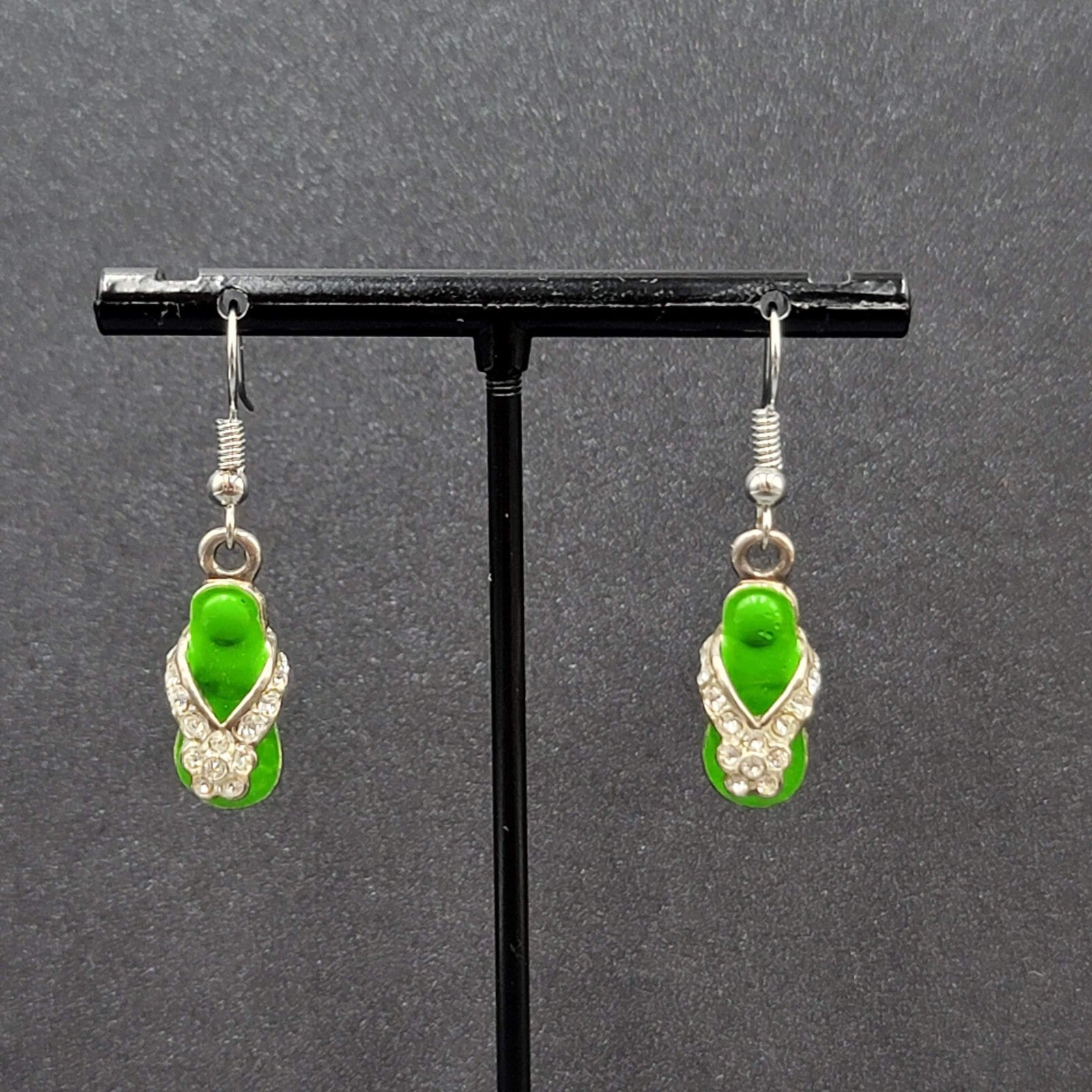 Pierced Earrings Green Enamel Flip Flop Rhinestone Dangle 1"