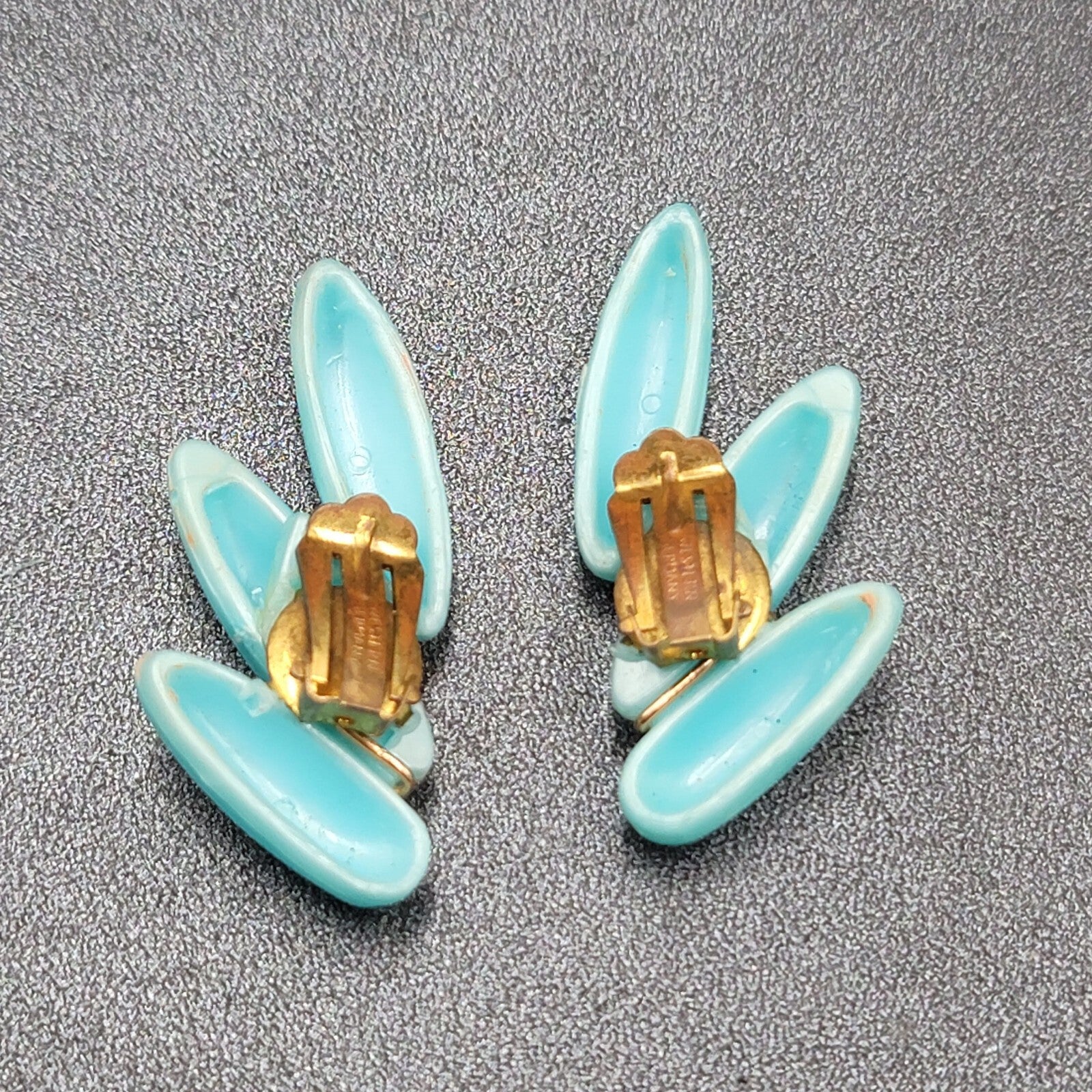 Vintage Clip on Earrings Lightweight Plastic Blue Climber W Germany 1 7/8"
