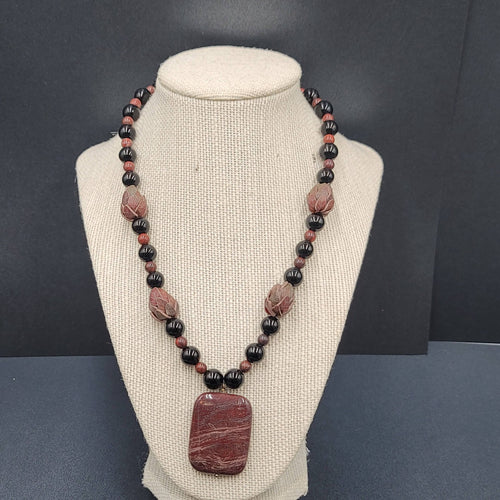 Brown Stone Pendant Necklace Black Glass Beads Toggle 18" Hand Carved Beads