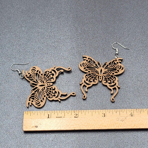 Butterfly Pierced Earrings Laser Cut Wood Dangle Statement 1.75"