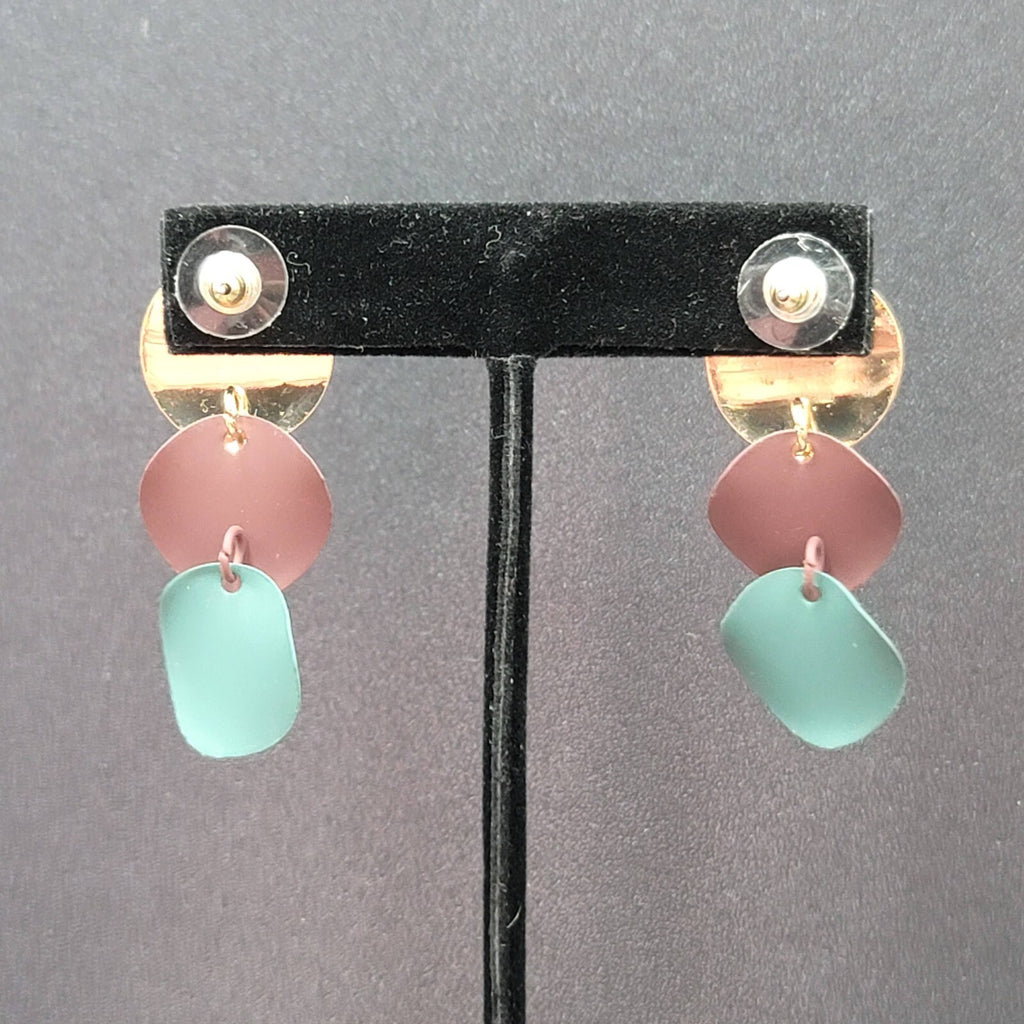 Pierced Earrings Gold tone Merlot Sage Enamel Dangle Discs 1 5/8"