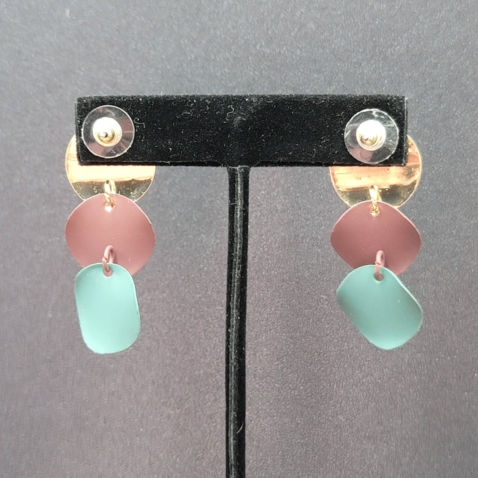 Pierced Earrings Gold tone Merlot Sage Enamel Dangle Discs 1 5/8"