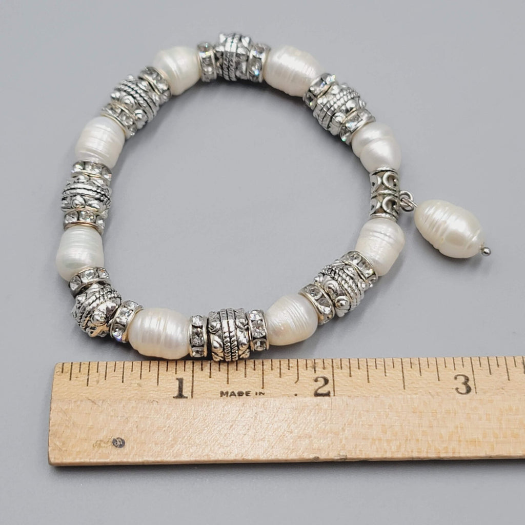 Pearl Bracelet Silver tone Crystal Rhinestone Elastic 6.5"
