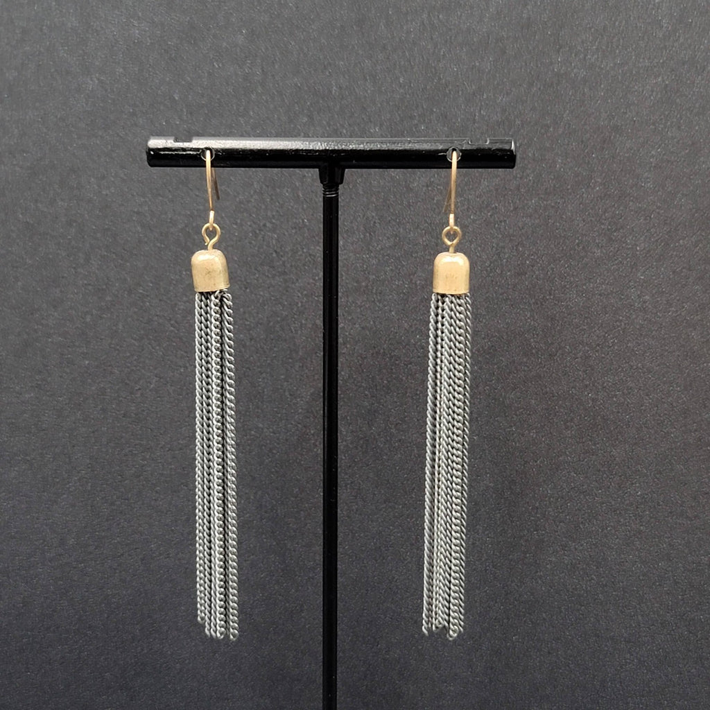 Pierced Earrings Gold tone Gray Multi Dangle Chains 2.75"