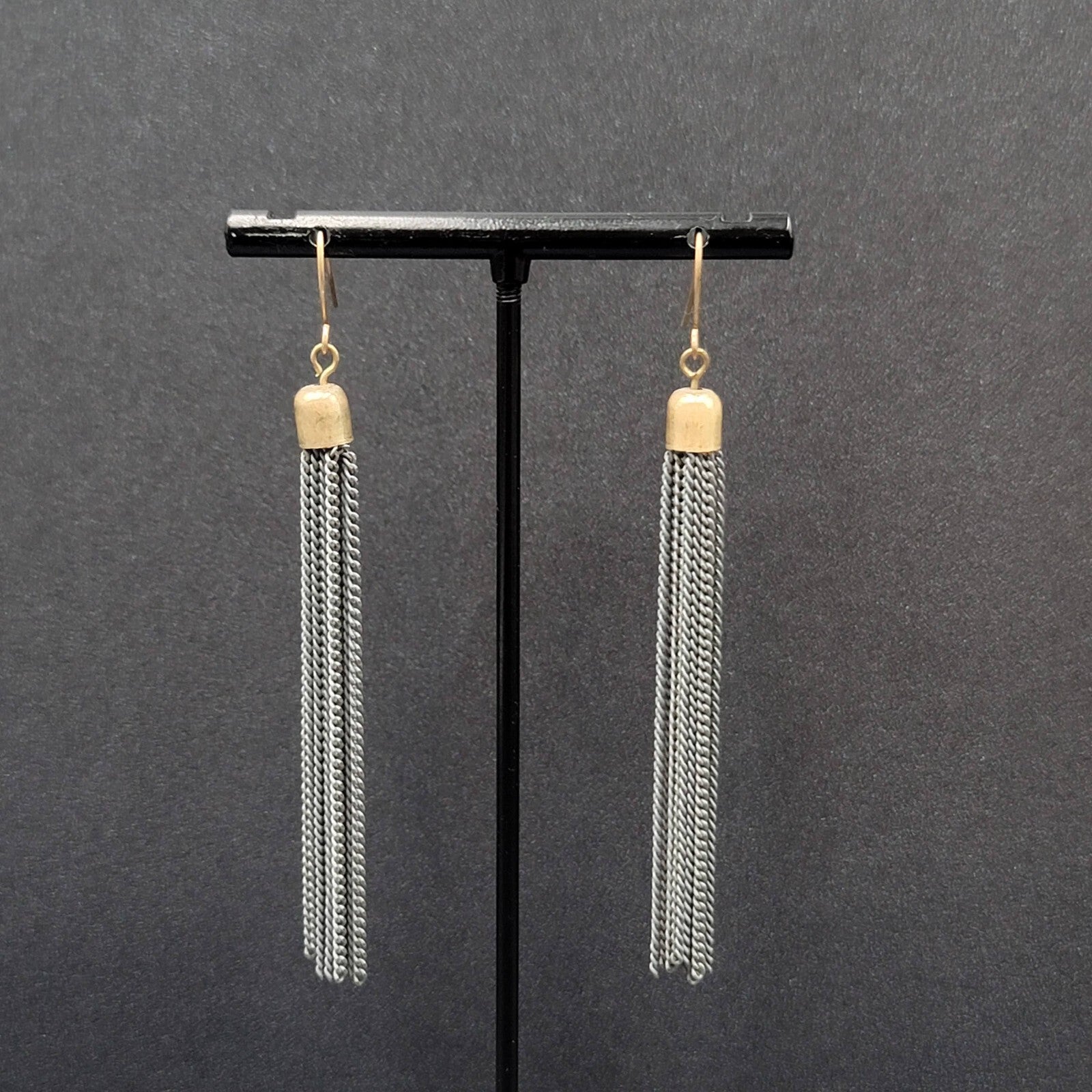 Pierced Earrings Gold tone Gray Multi Dangle Chains 2.75"