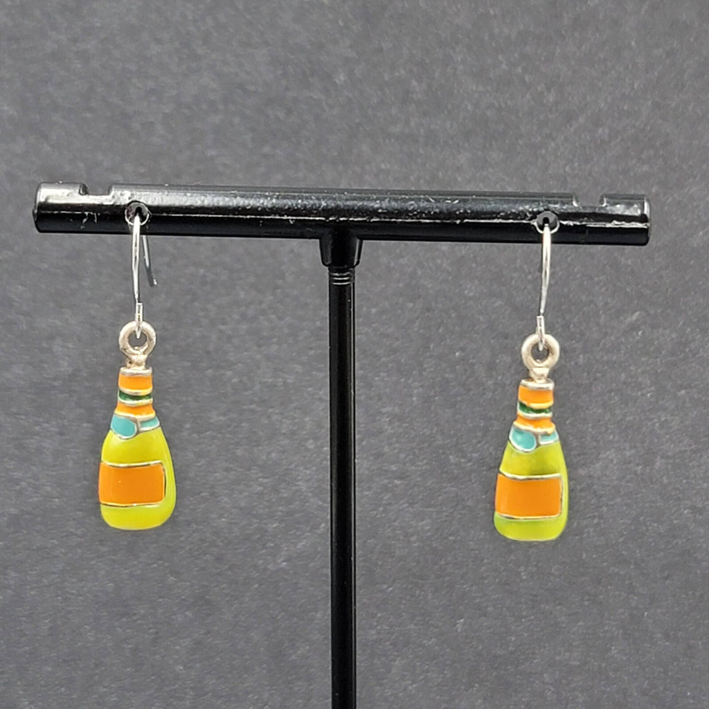 Pierced Earrings Multicolor Enamel Bottle Wine Soda Dangle 3/4"