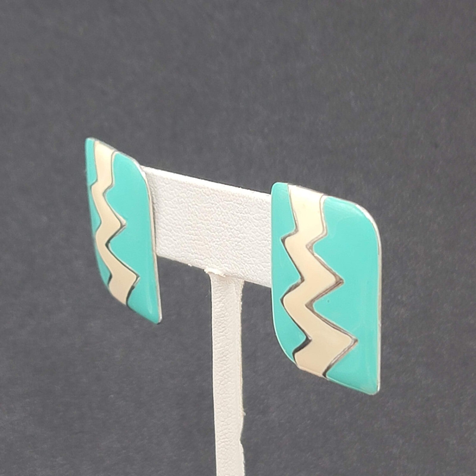 Vintage Pierced Earrings Silver tone Blue Enamel Statement Drop1 1/8"