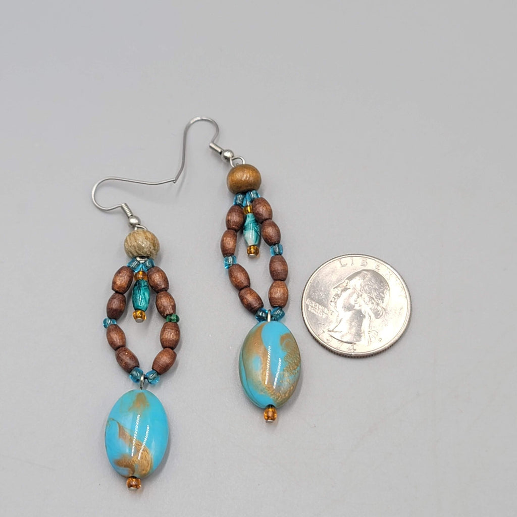 Blue Stone Wood Bead Pierced Earrings Artisan Dangle 2.5"