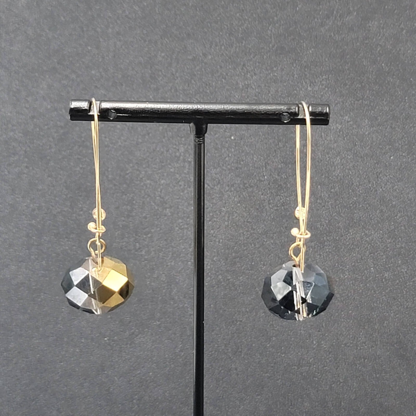Pierced Earrings Gold tone faceted Glass Bead Smokey Gray Dangle 2"