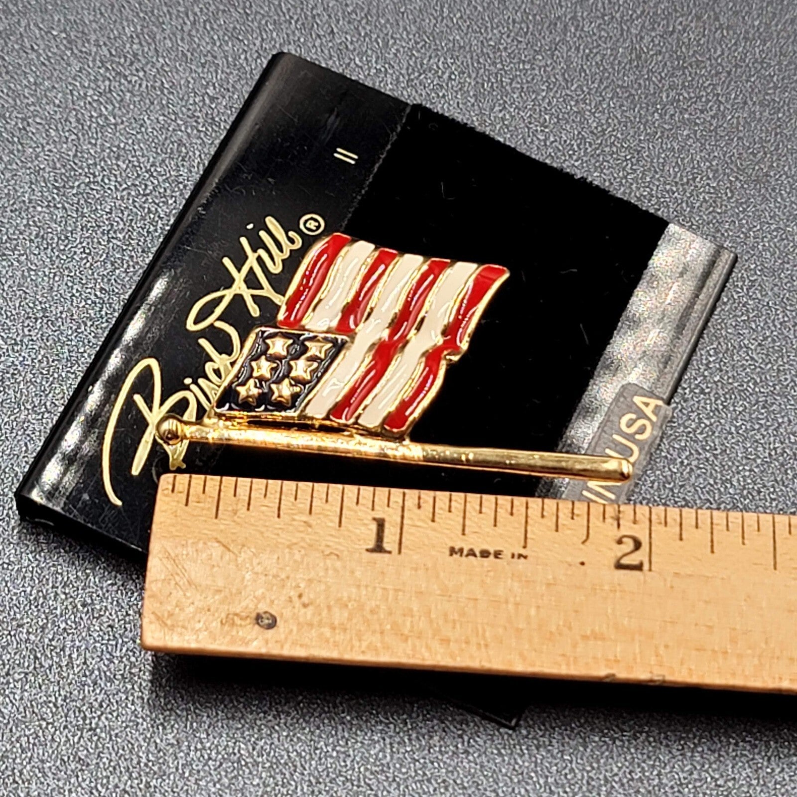 New Signed Birch Hill Brooch American Flag Enamel Gold Tone Pin Patriotic 2 in