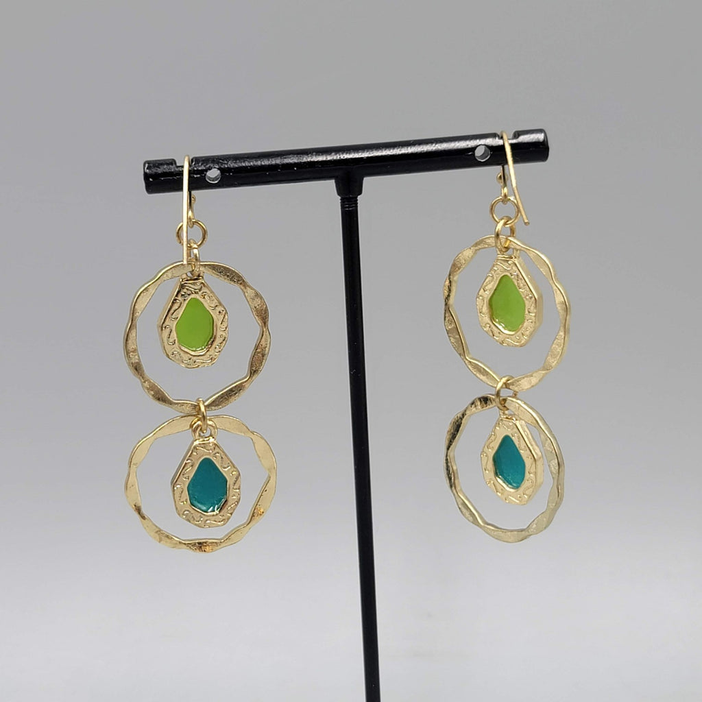 Double Ring Green Blue Pierced Earrings Gold tone Dangle 2 in