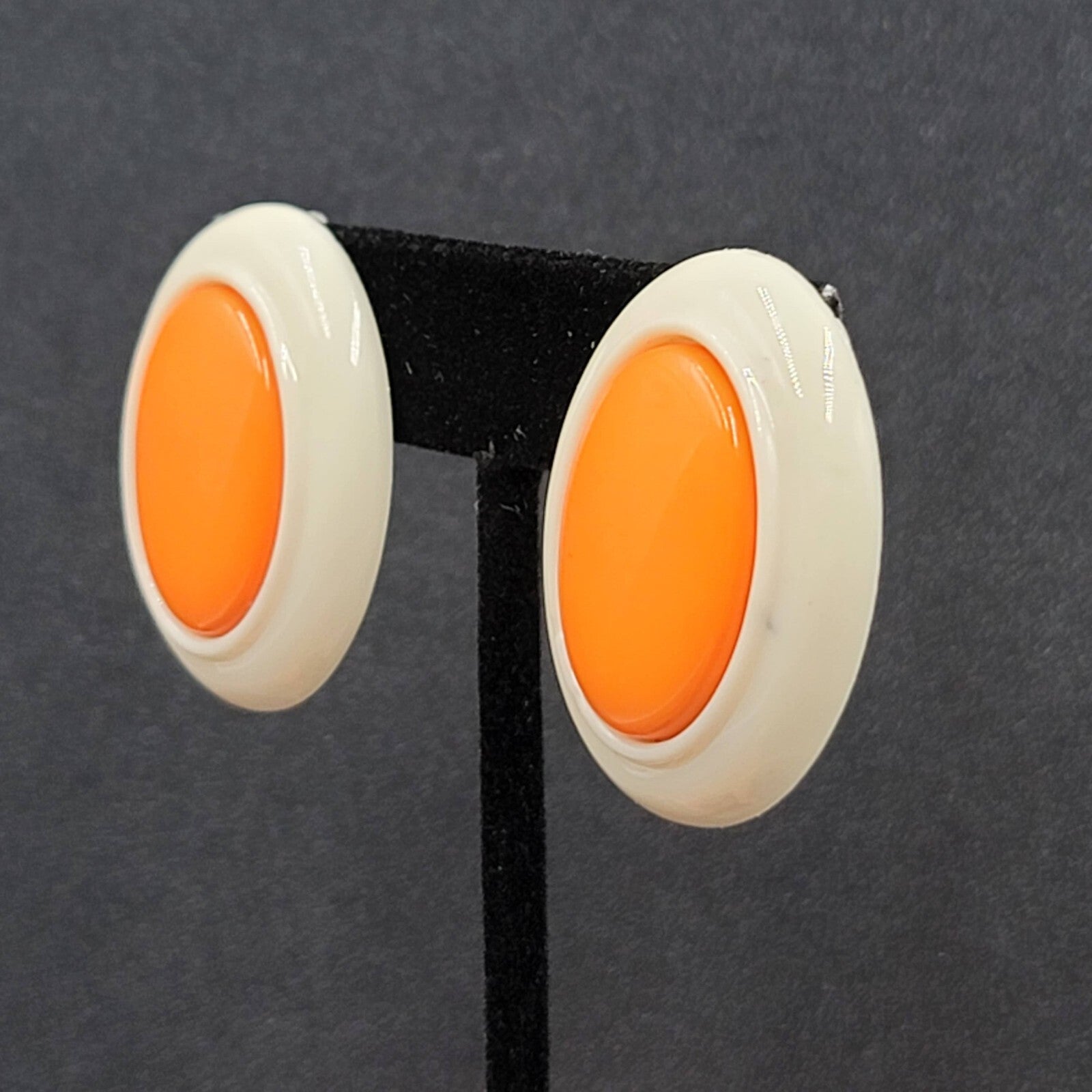 Vintage Clip on Earrings Plastic White Orange Oval Drop  1 3/8"