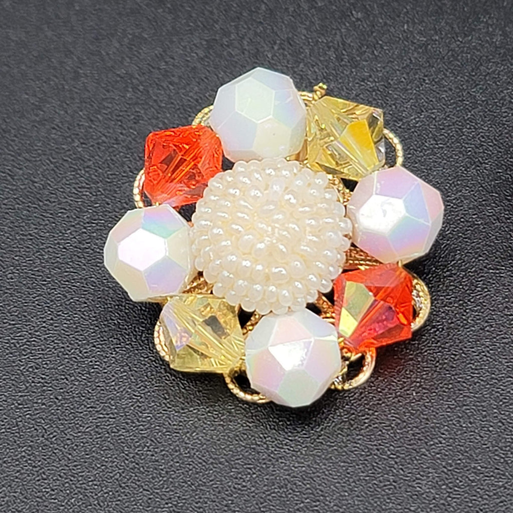 Vintage Clip on Earrings Red White Bead Gold tone 1 1/8"