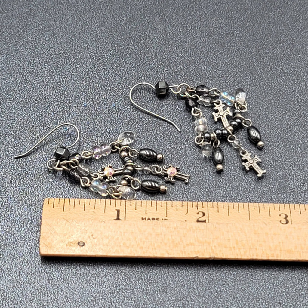 Pierced Earrings Silver tone Black Hematite AB Cross Chandelier Beads 1.75"