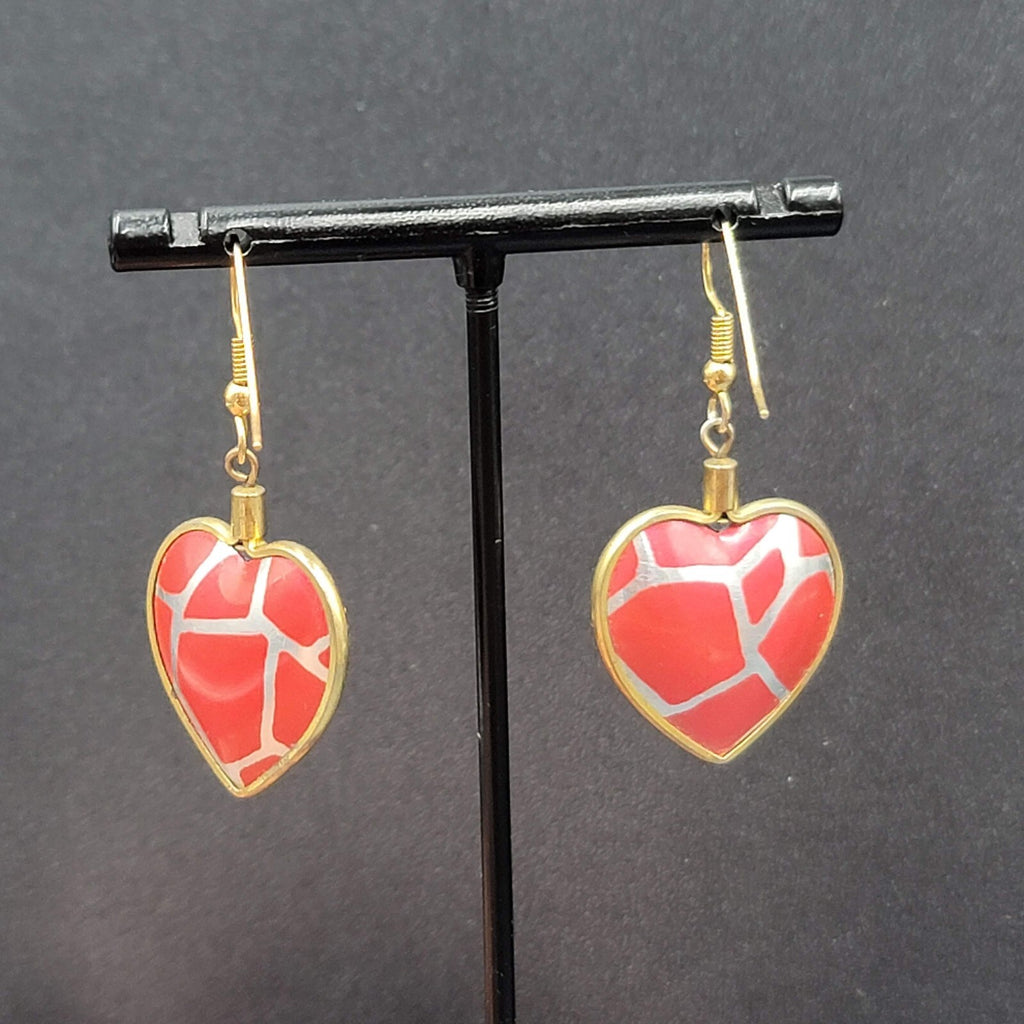 Vintage Pierced Earrings Gold toen Red Heart Dangle 1 1/8"