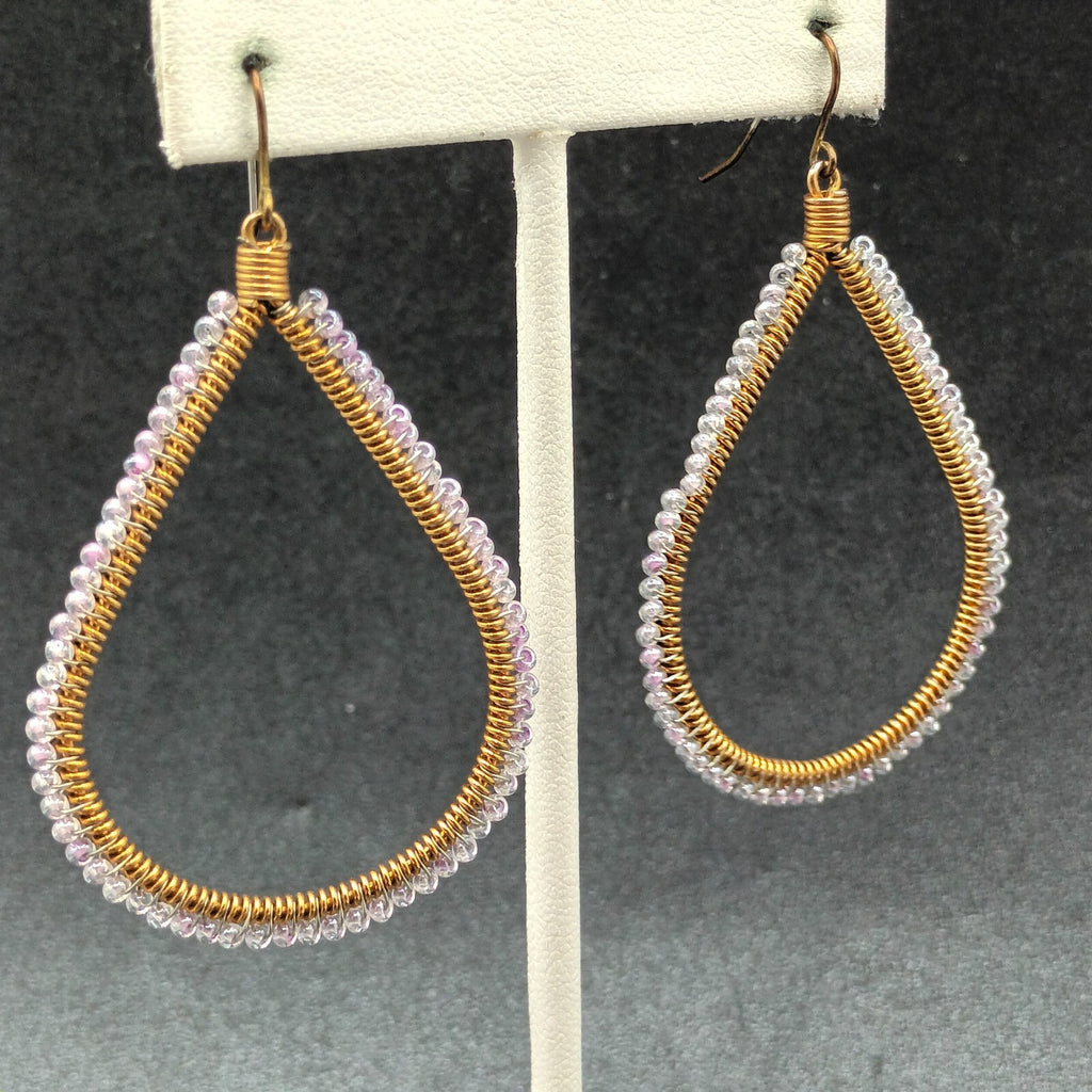 Pierced Earrings Gold tone Wire Wrapped Lavender Bead Teardrop Dangle 2 1/8"