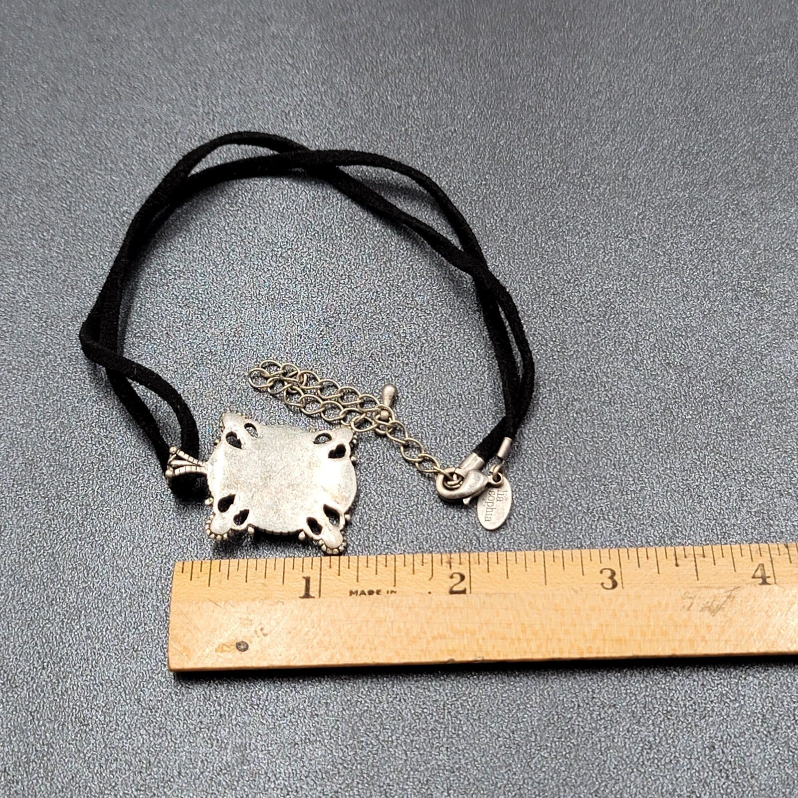 Lia Sophia Pendant Necklace Silver tone Crystal Suede Leather Cord 16"-19"