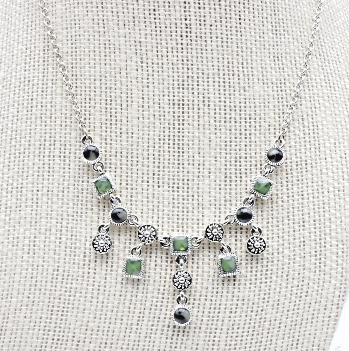 Signed Silver tone Chain Green Enamel Dangle Waterfall Accents 16" - 17.5"