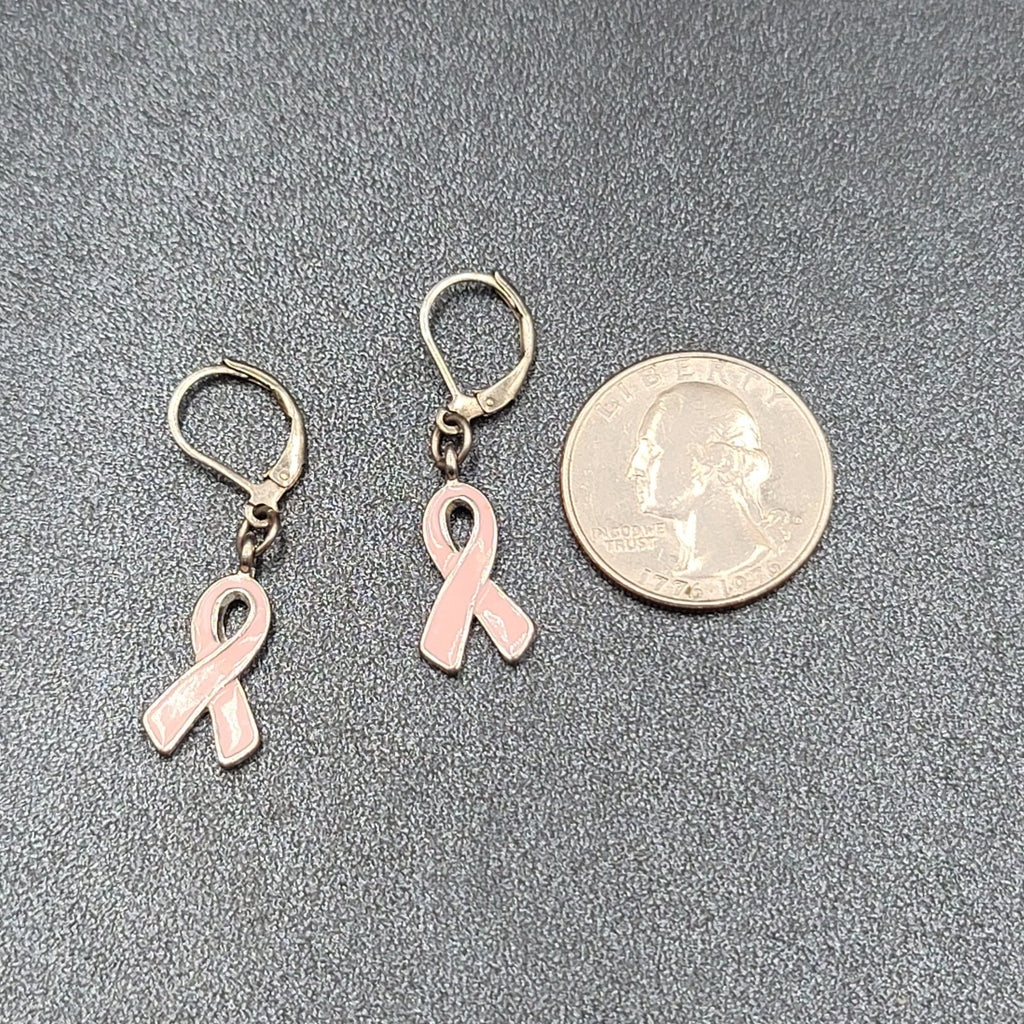 Pierced Earrings Silver tone Pink Enamel Breast Cancer Awareness Ribbon 3/4"